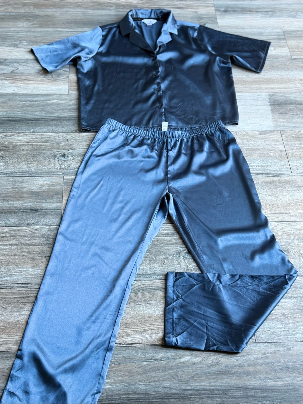 Women's Wide Leg Satin Lounge Pants Set - Blue